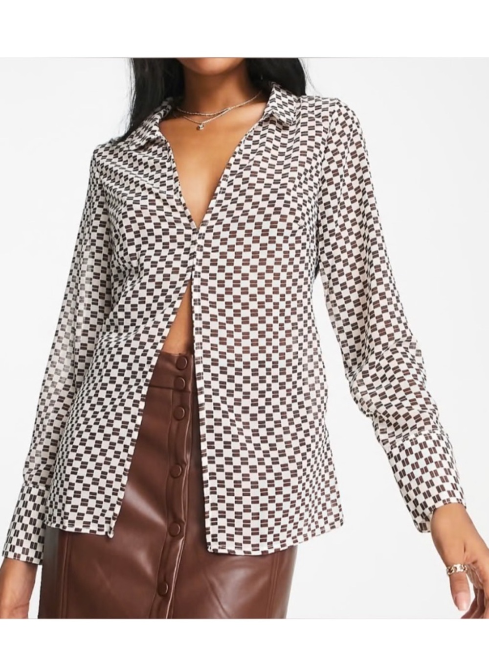 Abercrombie & Fitch Checkerboard Button-Front Blouse - Brown & Cream